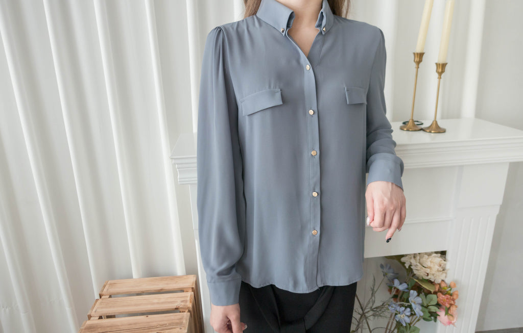 Button Collar 磨砂金鈕裝飾質感雪紡上衣, Blouse/ BU8972