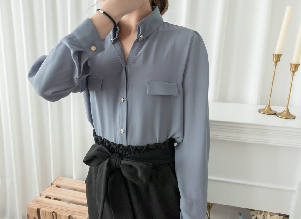 Button Collar 磨砂金鈕裝飾質感雪紡上衣, Blouse/ BU8972