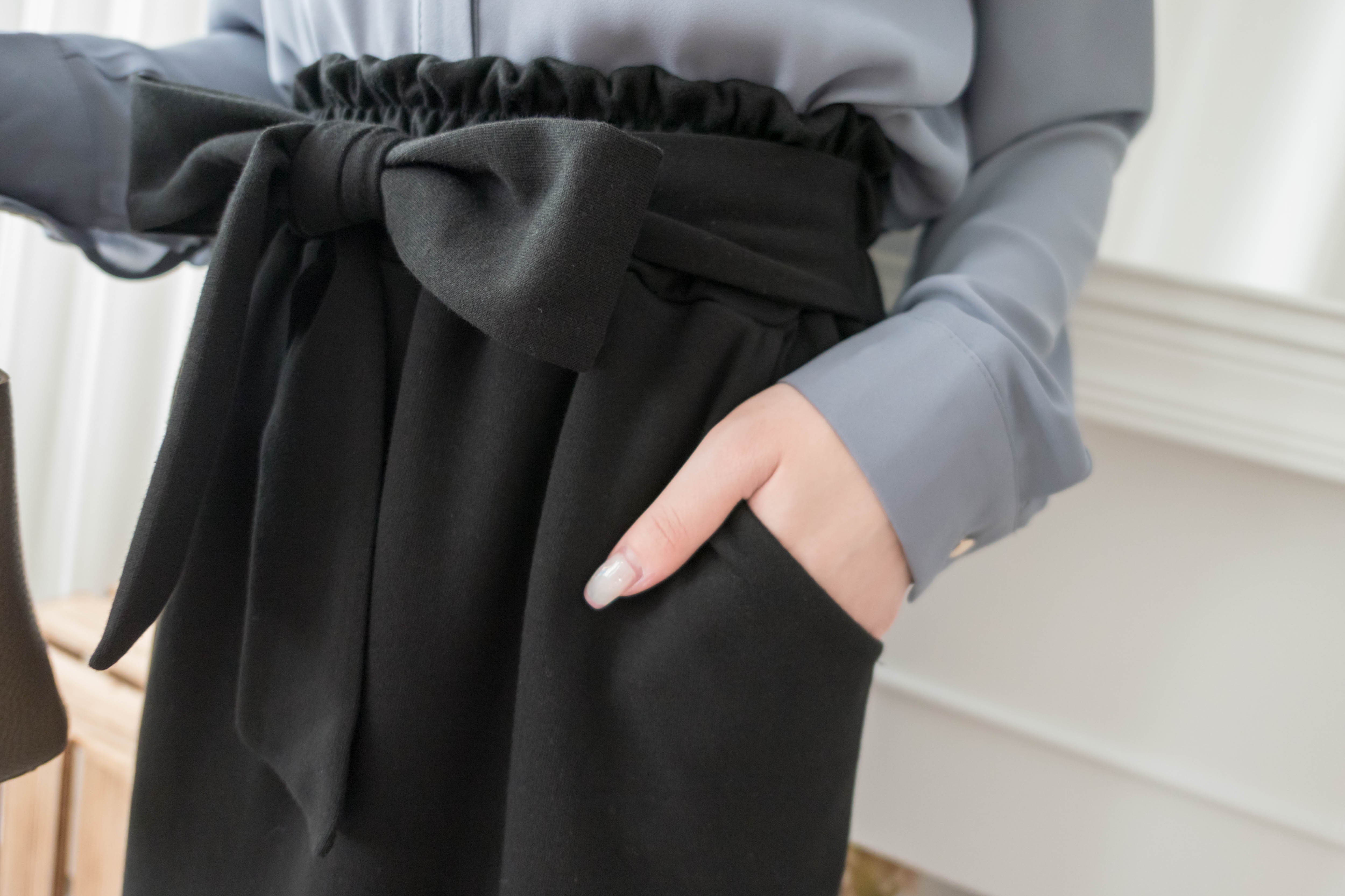 Elastic Black Ruffle打結橡筋腰全彈性棉質裙, Skirt/ SK8734