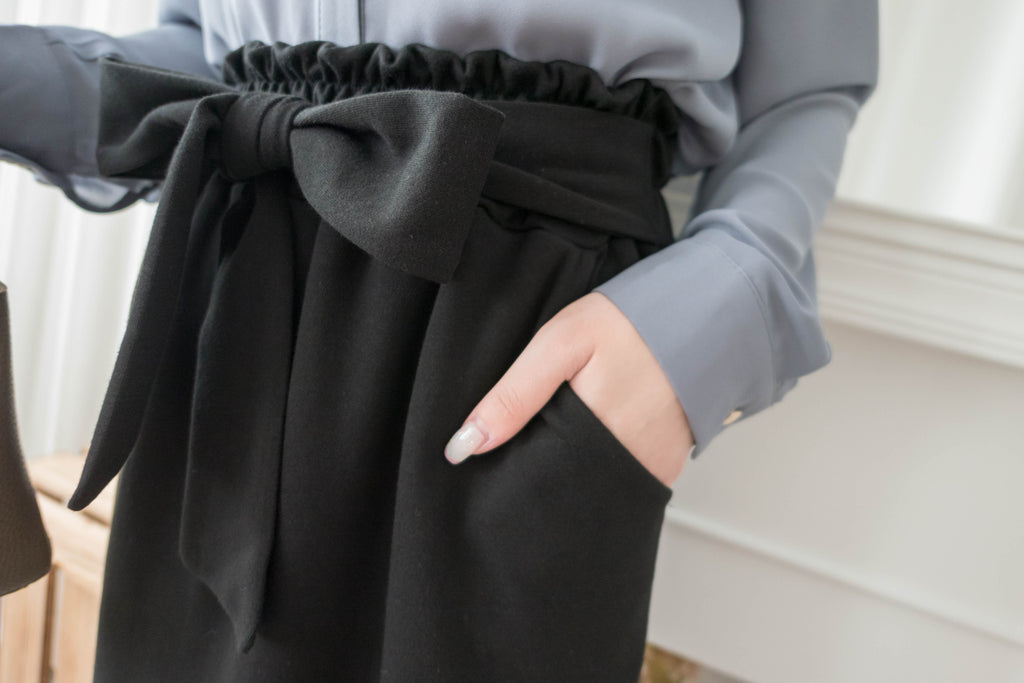 Elastic Black Ruffle打結橡筋腰全彈性棉質裙, Skirt/ SK8734