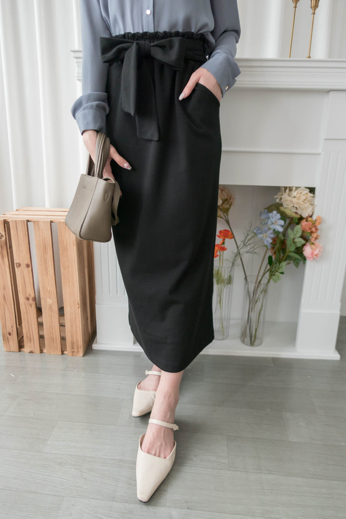 Elastic Black Ruffle打結橡筋腰全彈性棉質裙, Skirt/ SK8734
