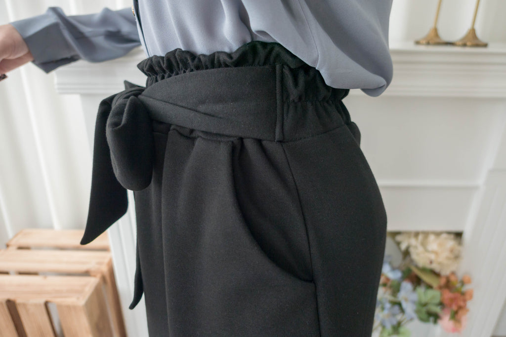 Elastic Black Ruffle打結橡筋腰全彈性棉質裙, Skirt/ SK8734