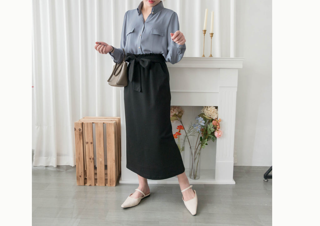 Elastic Black Ruffle打結橡筋腰全彈性棉質裙, Skirt/ SK8734