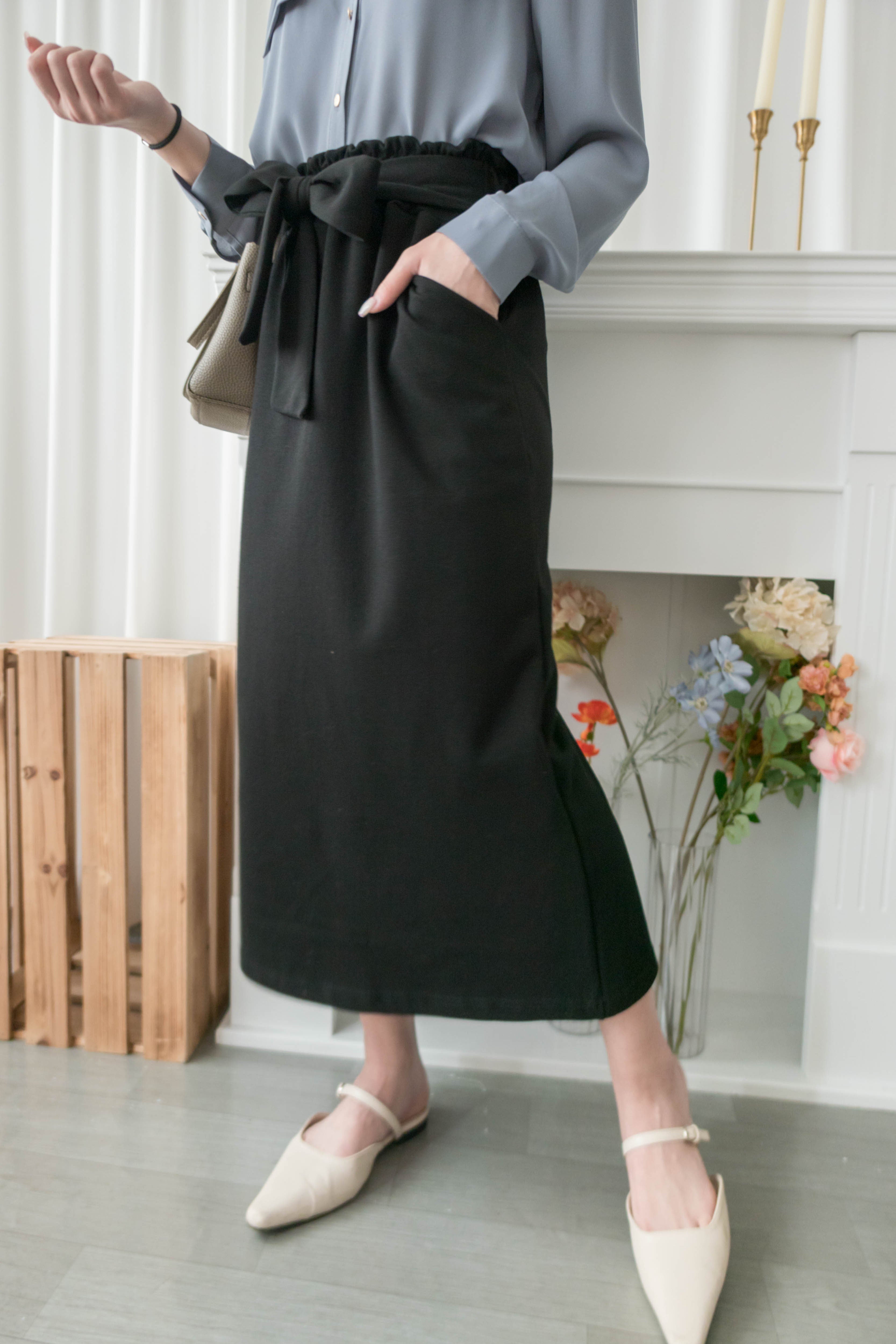 Elastic Black Ruffle打結橡筋腰全彈性棉質裙, Skirt/ SK8734