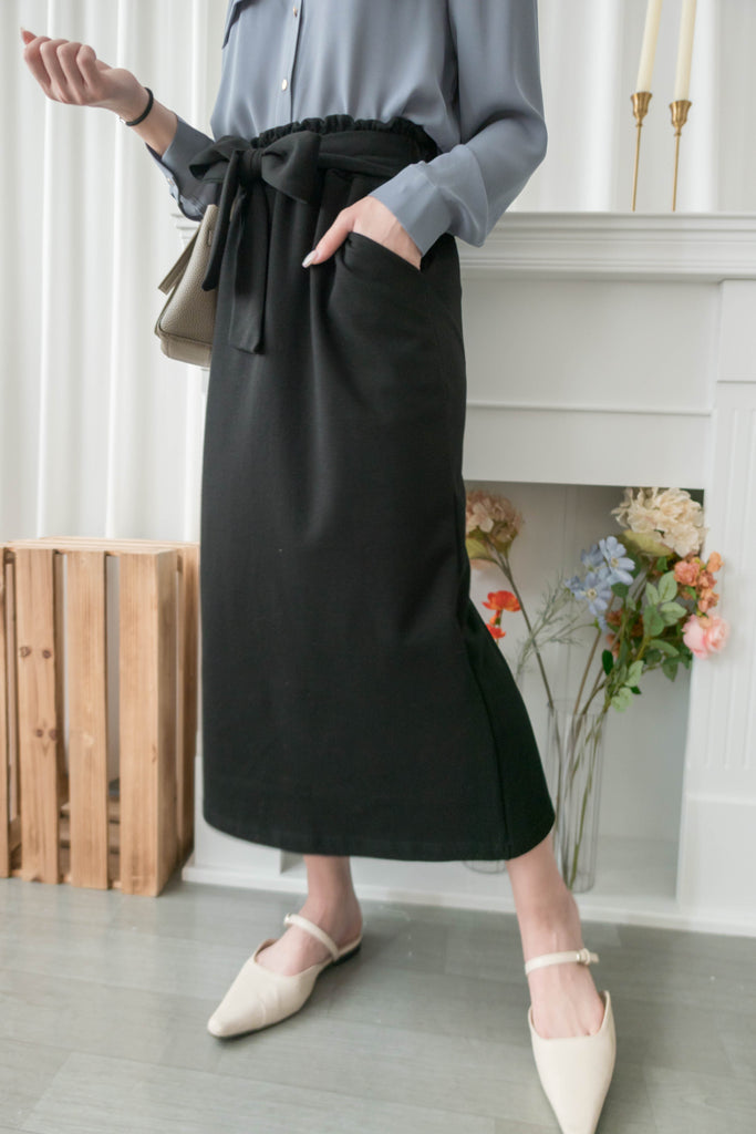 Elastic Black Ruffle打結橡筋腰全彈性棉質裙, Skirt/ SK8734