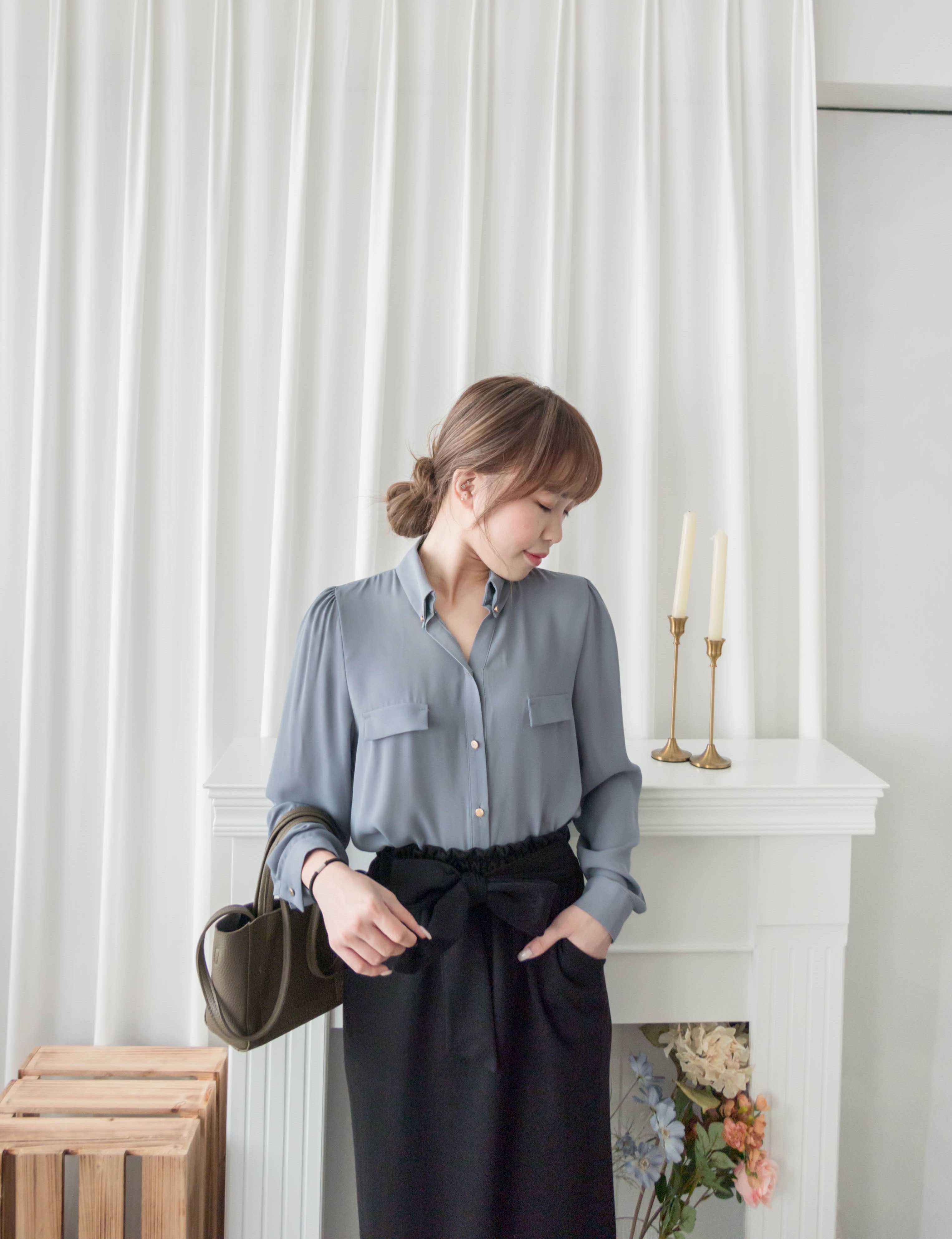 Button Collar 磨砂金鈕裝飾質感雪紡上衣, Blouse/ BU8972