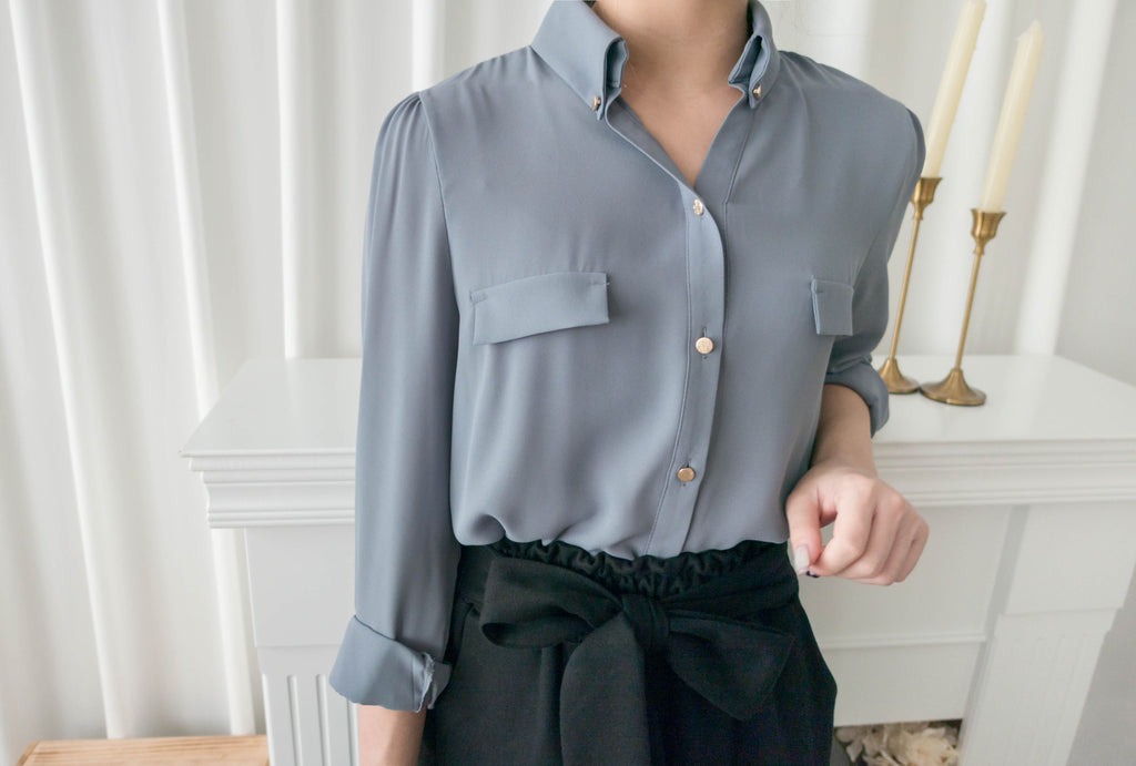 Button Collar 磨砂金鈕裝飾質感雪紡上衣, Blouse/ BU8972