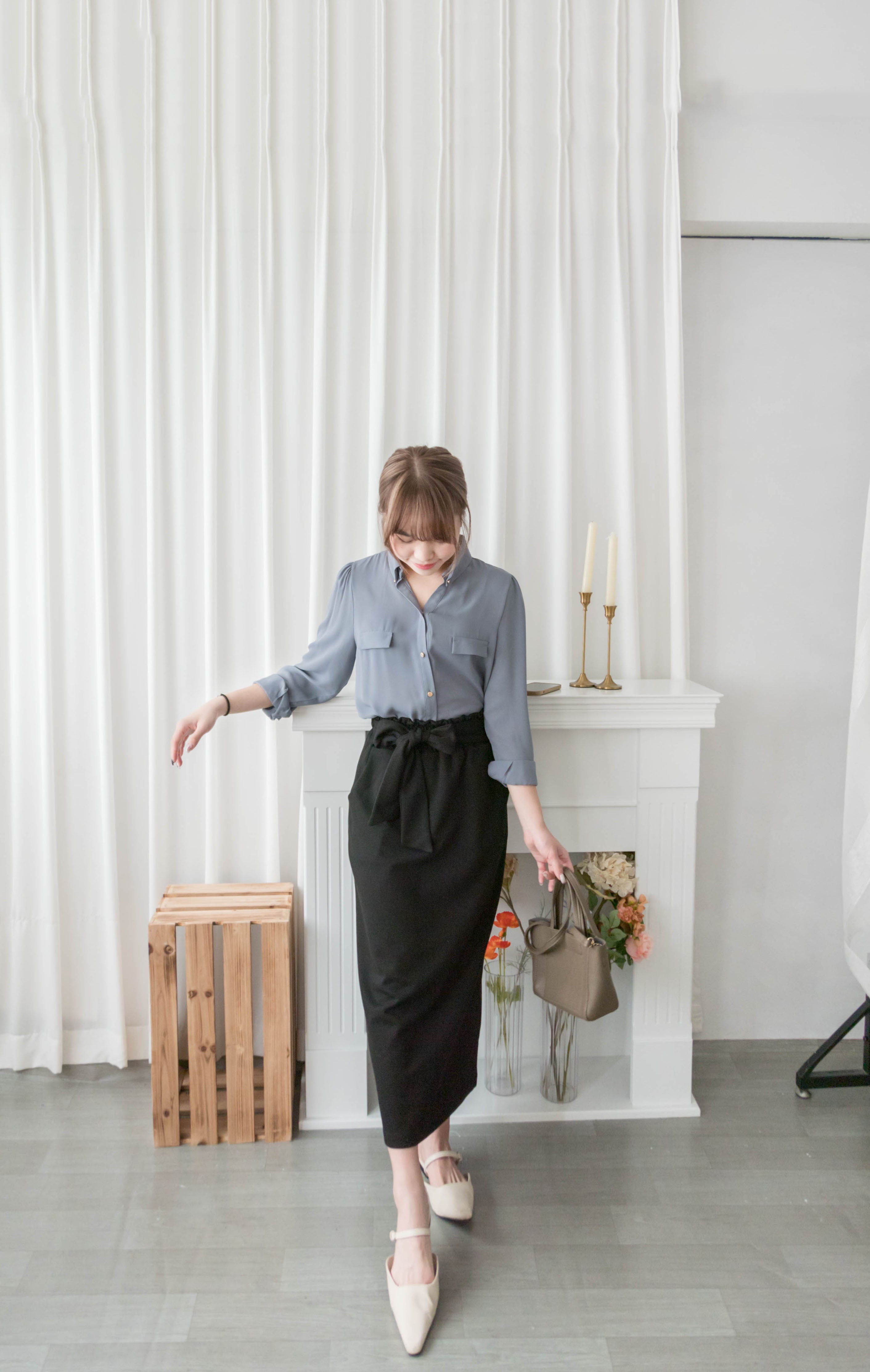 Button Collar 磨砂金鈕裝飾質感雪紡上衣, Blouse/ BU8972
