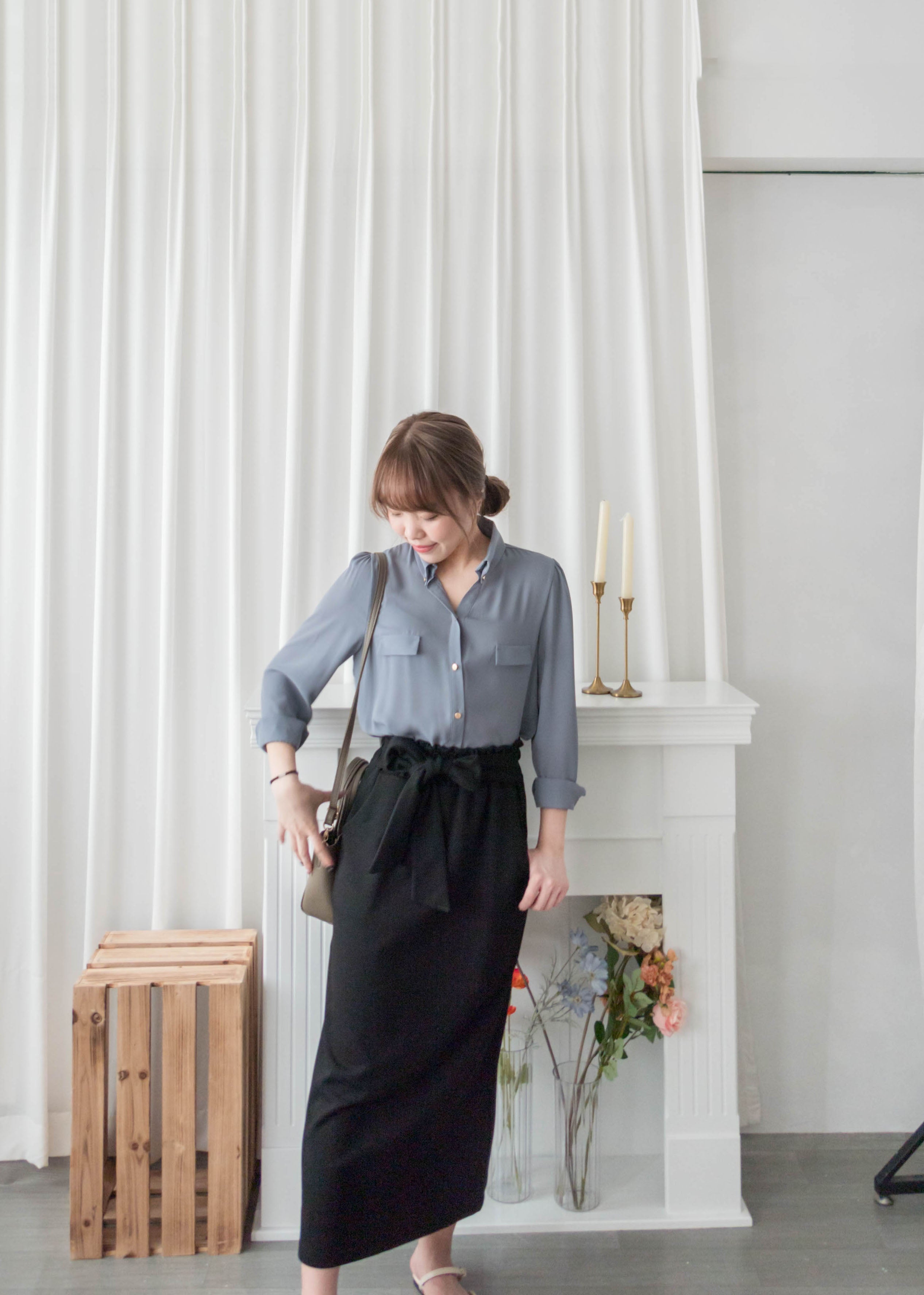 Button Collar 磨砂金鈕裝飾質感雪紡上衣, Blouse/ BU8972