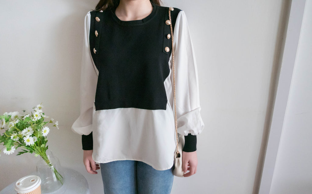 Knit Shirt 黑色金鈕針織拼雪紡, Blouse/ TP8904