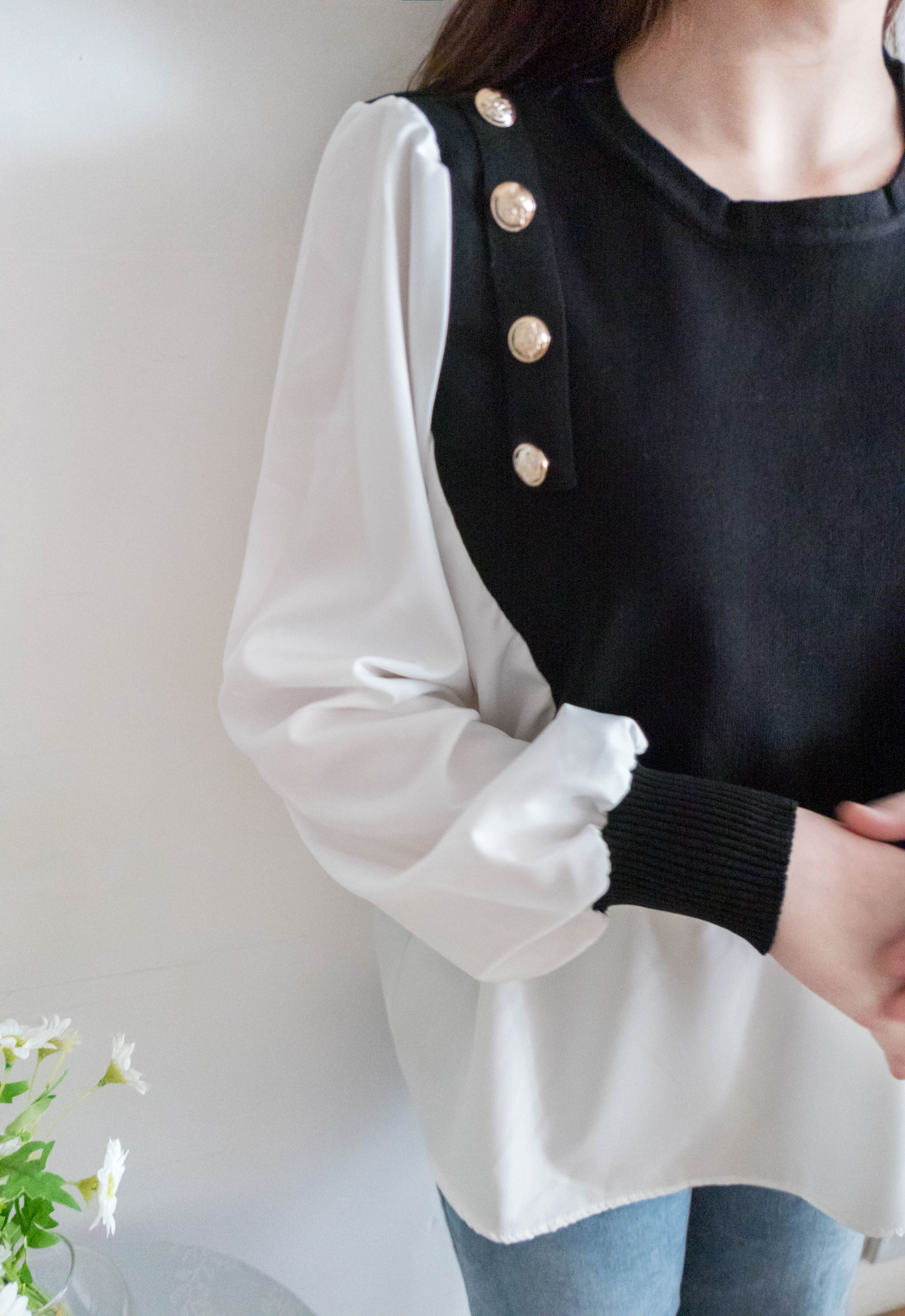 Knit Shirt 黑色金鈕針織拼雪紡, Blouse/ TP8904