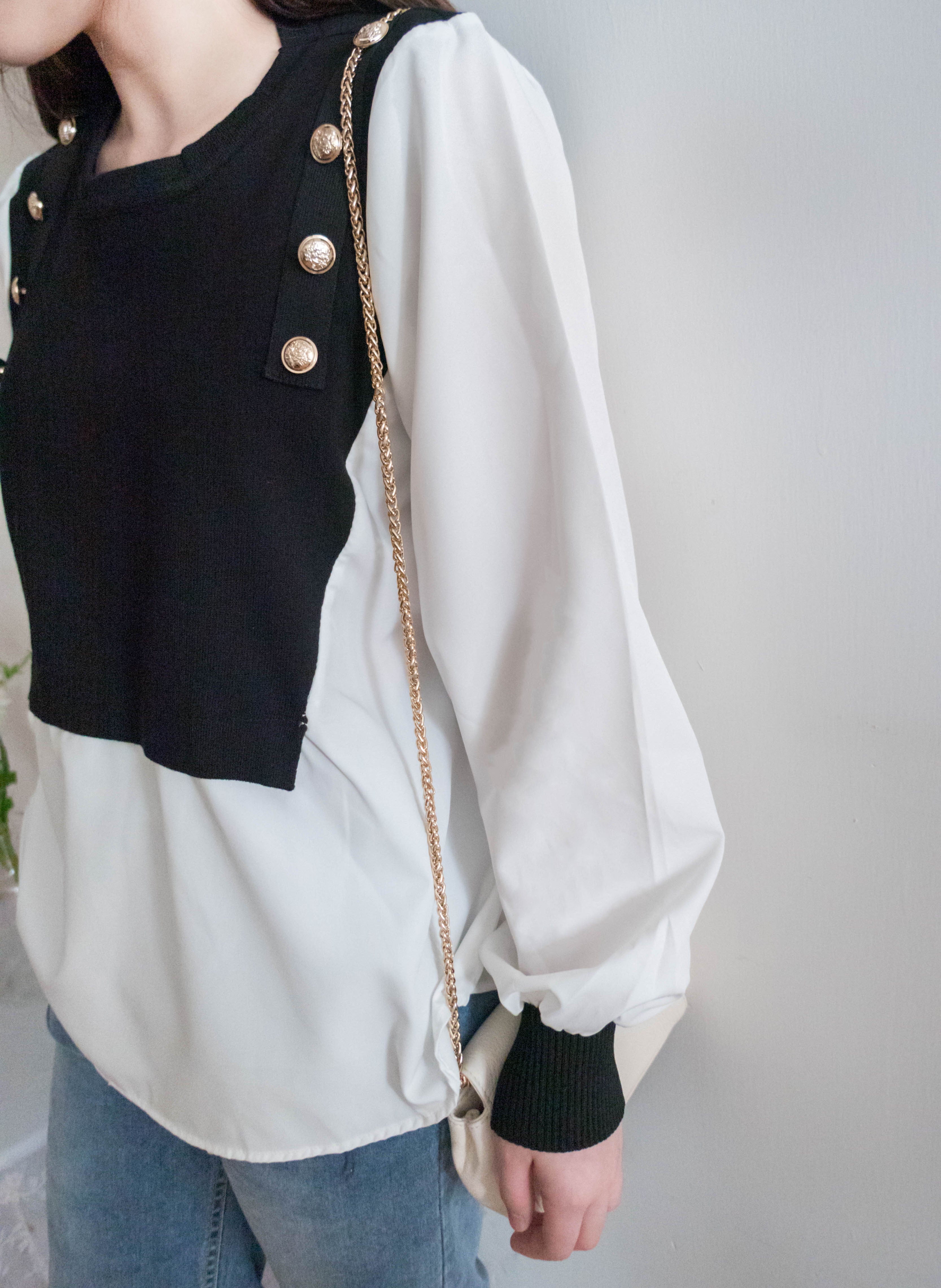Knit Shirt 黑色金鈕針織拼雪紡, Blouse/ TP8904