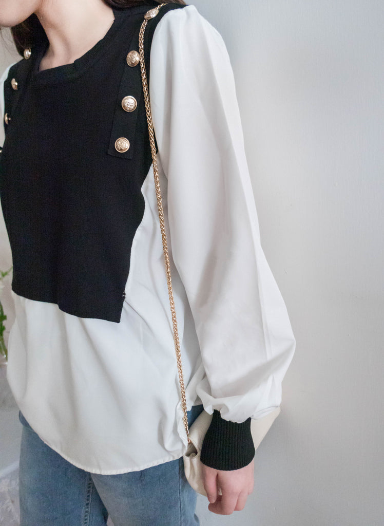 Knit Shirt 黑色金鈕針織拼雪紡, Blouse/ TP8904