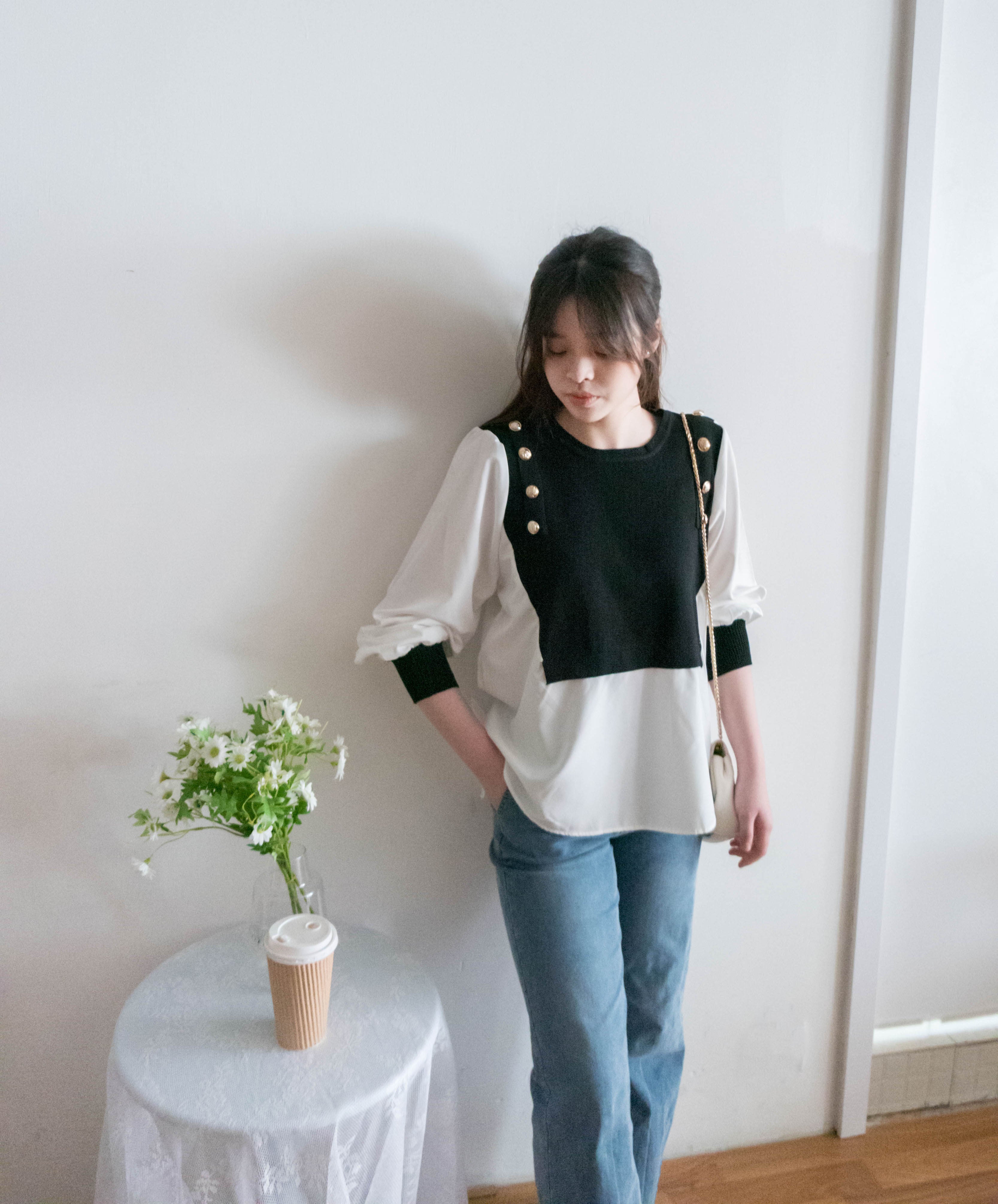 Knit Shirt 黑色金鈕針織拼雪紡, Blouse/ TP8904