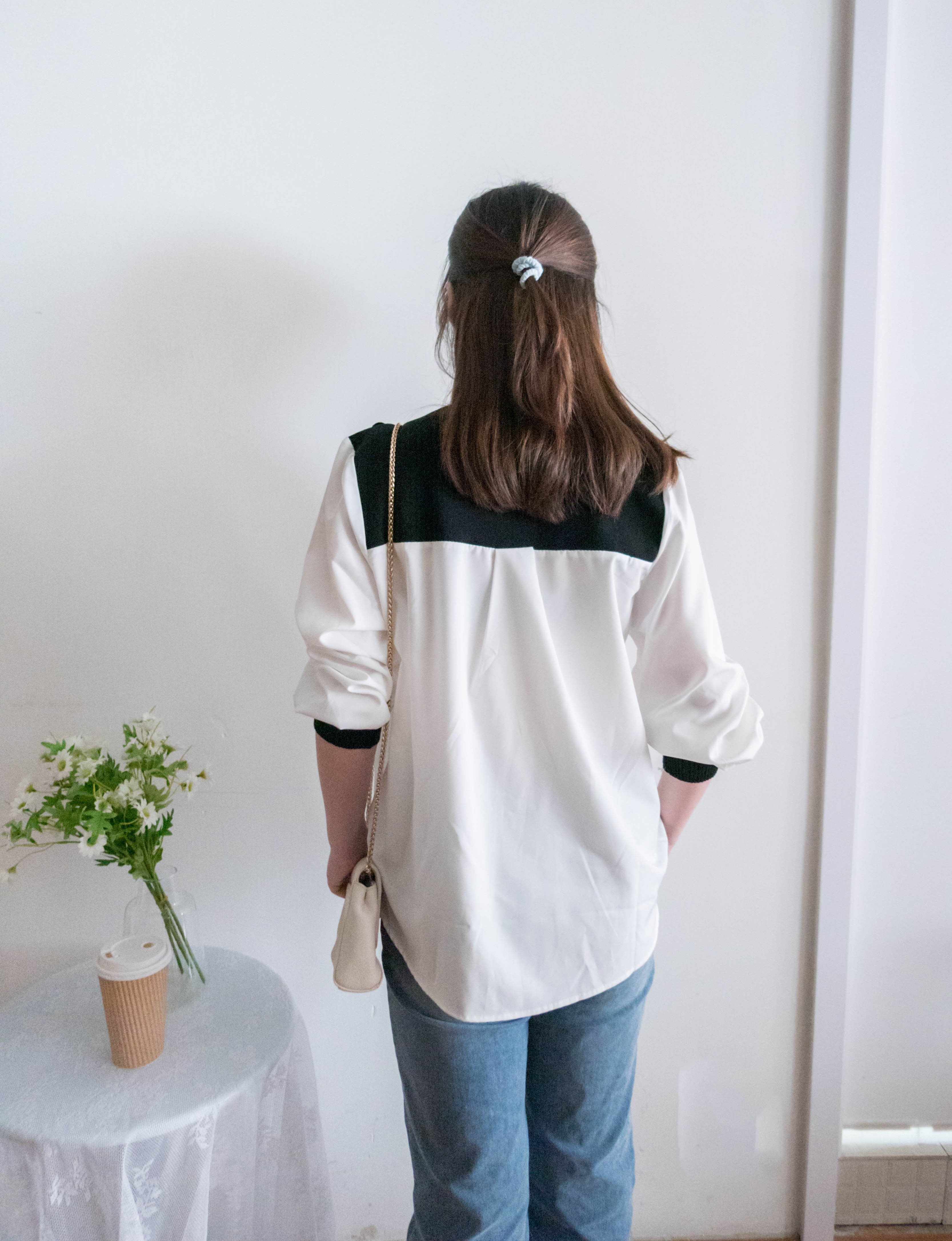 Knit Shirt 黑色金鈕針織拼雪紡, Blouse/ TP8904