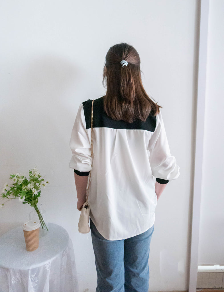 Knit Shirt 黑色金鈕針織拼雪紡, Blouse/ TP8904