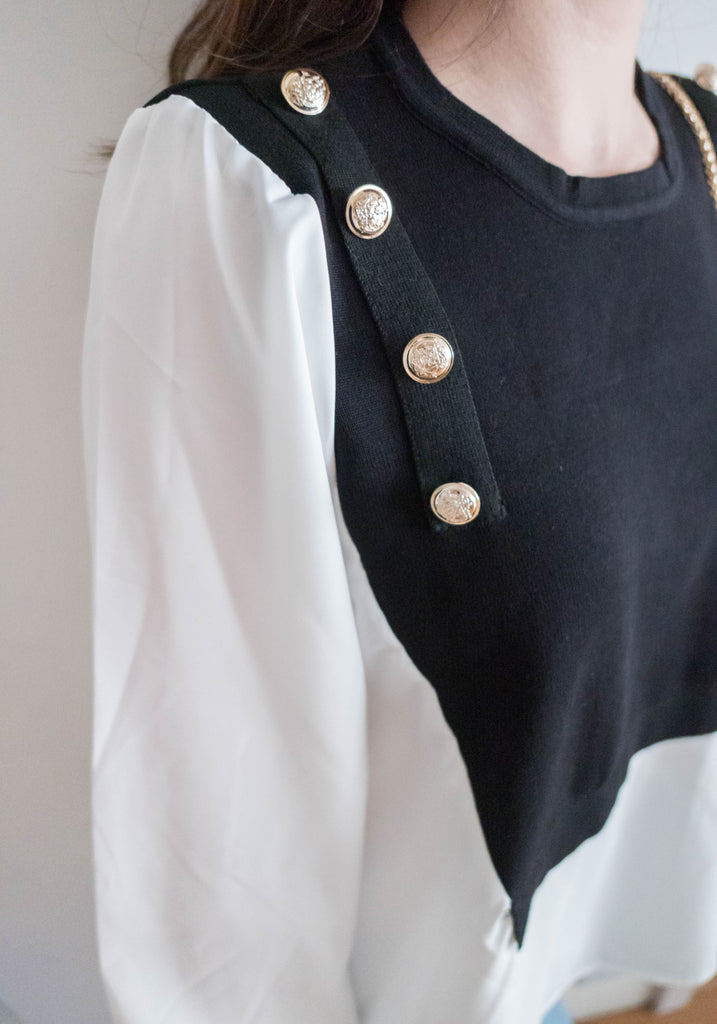Knit Shirt 黑色金鈕針織拼雪紡, Blouse/ TP8904