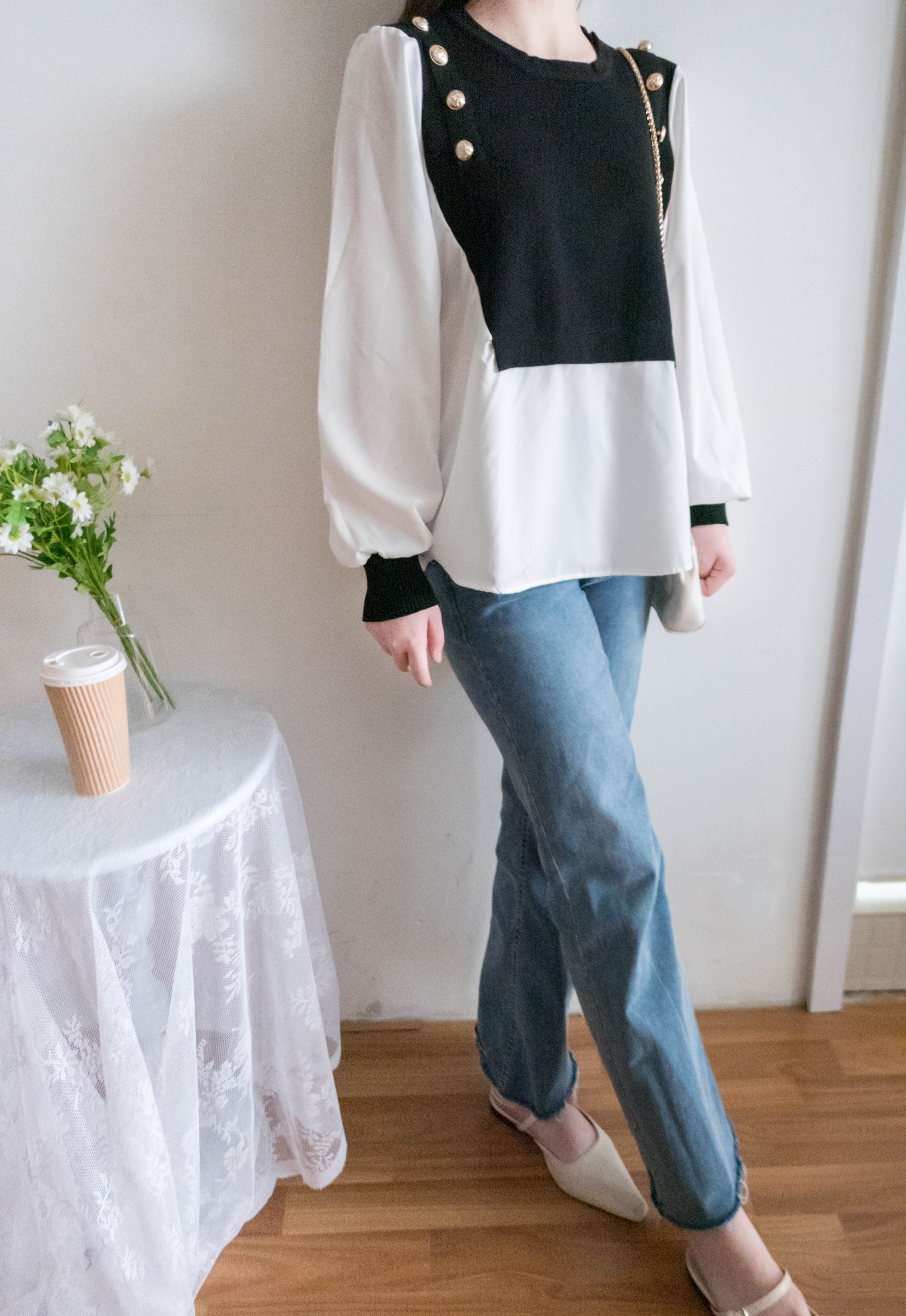Knit Shirt 黑色金鈕針織拼雪紡, Blouse/ TP8904