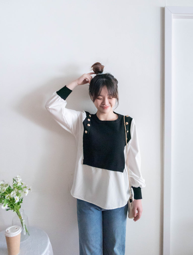 Knit Shirt 黑色金鈕針織拼雪紡, Blouse/ TP8904