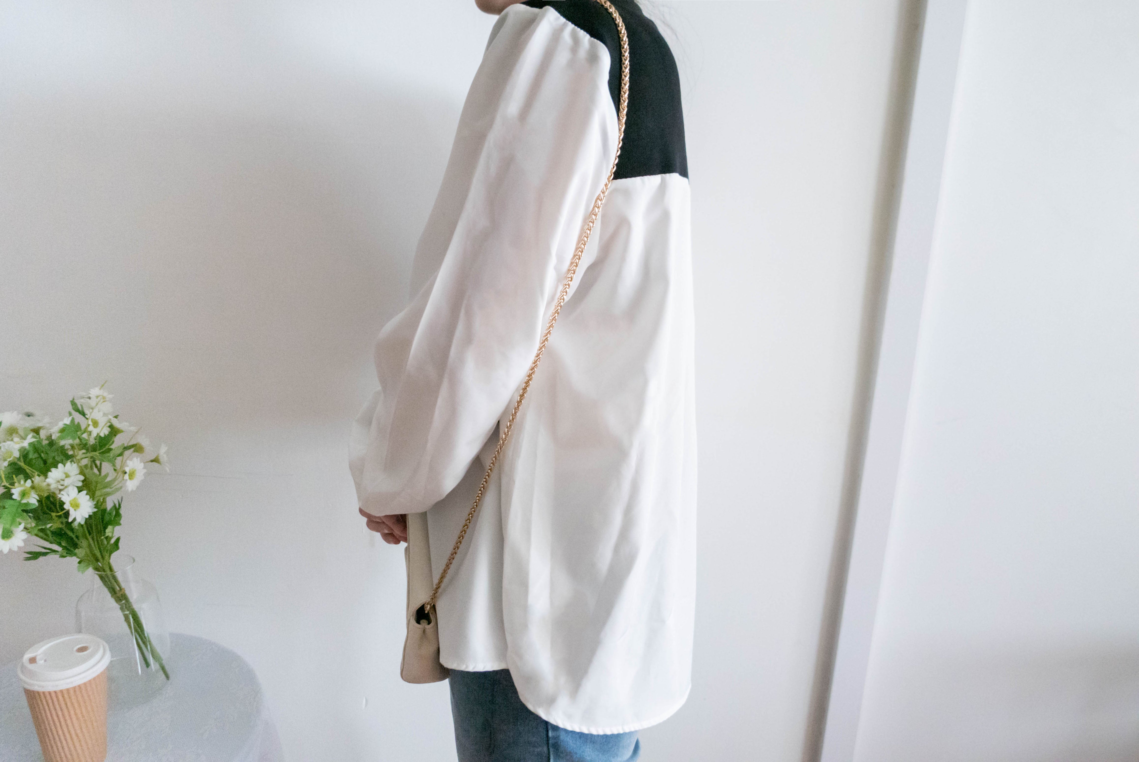 Knit Shirt 黑色金鈕針織拼雪紡, Blouse/ TP8904