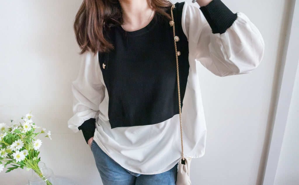 Knit Shirt 黑色金鈕針織拼雪紡, Blouse/ TP8904