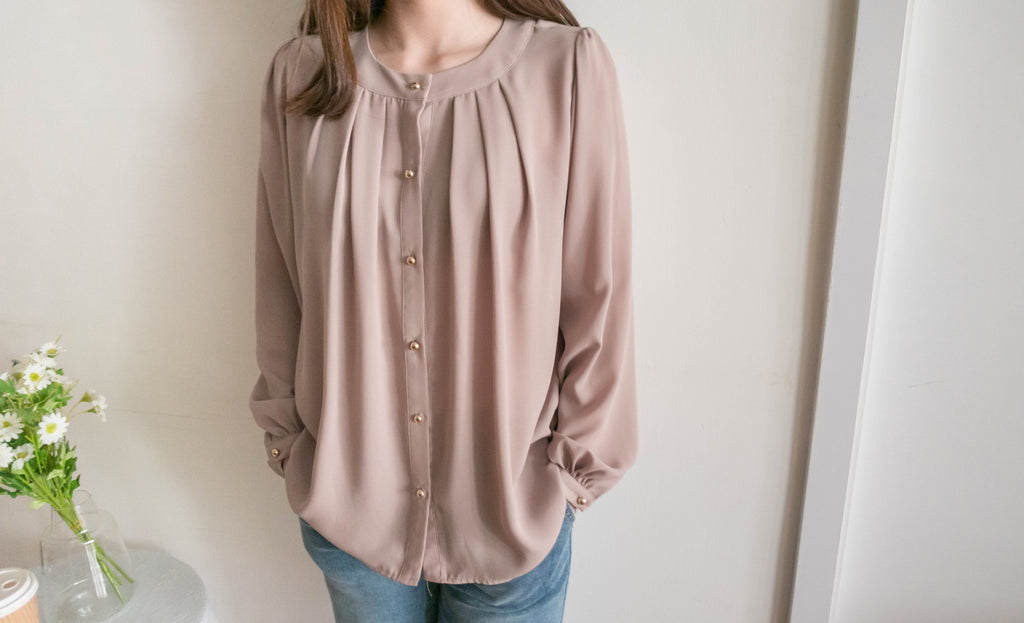 Pleated Collar 車褶圓領圓金鈕雪紡上衣, Blouse/ BU8973
