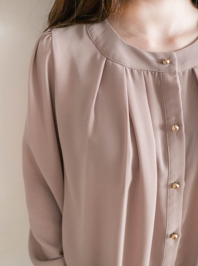 Pleated Collar 車褶圓領圓金鈕雪紡上衣, Blouse/ BU8973