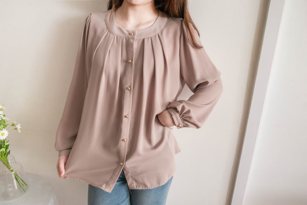 Pleated Collar 車褶圓領圓金鈕雪紡上衣, Blouse/ BU8973