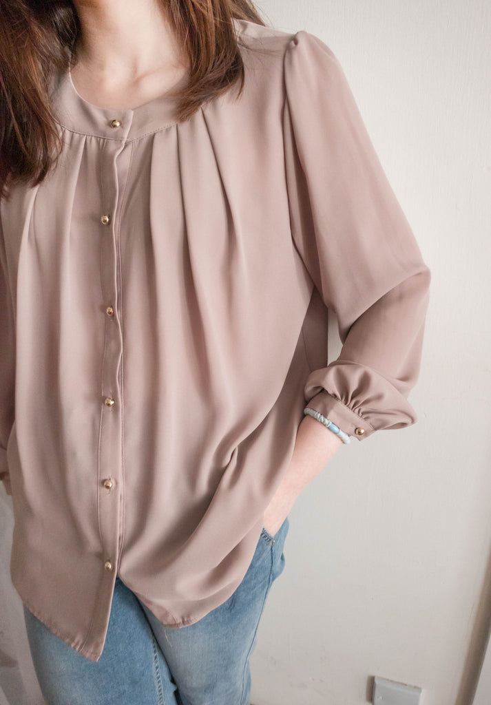 Pleated Collar 車褶圓領圓金鈕雪紡上衣, Blouse/ BU8973