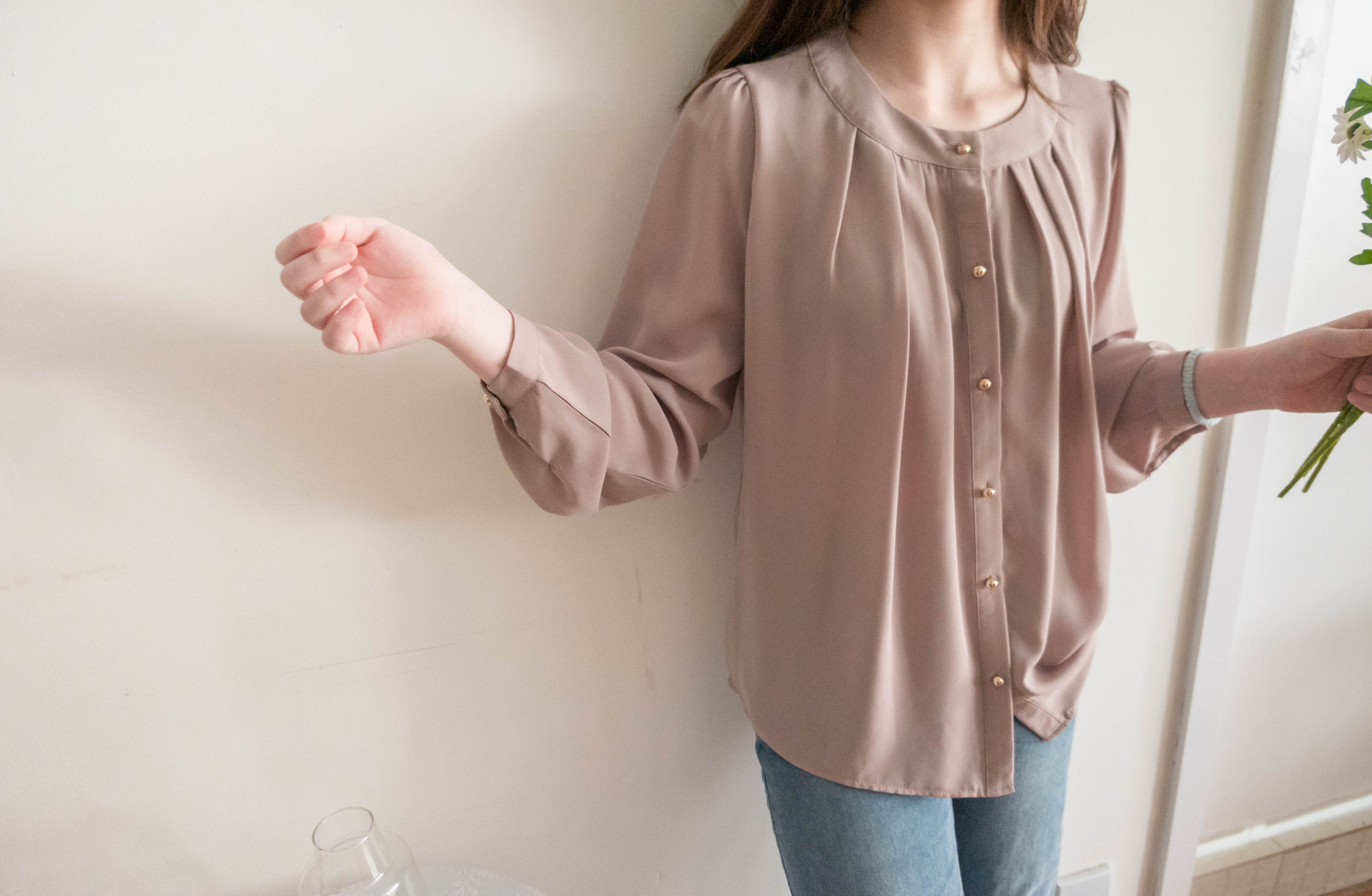 Pleated Collar 車褶圓領圓金鈕雪紡上衣, Blouse/ BU8973