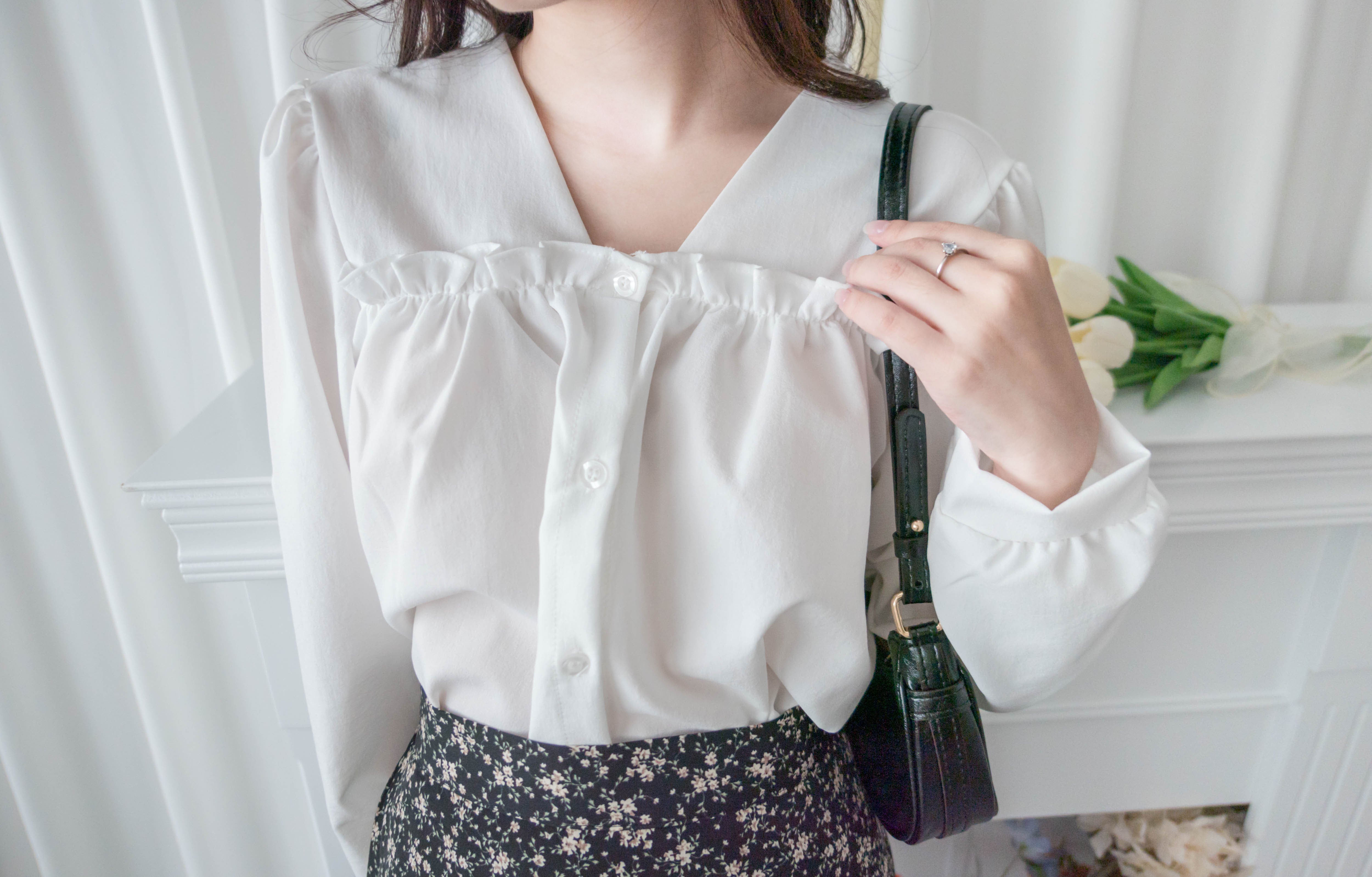 !Limited best deal! Ruffle collar 日常花邊方領口雪紡棉上衣, Blouse/ BU8971