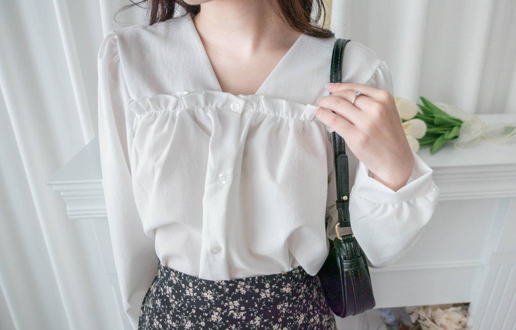 !Limited best deal! Ruffle collar 日常花邊方領口雪紡棉上衣, Blouse/ BU8971