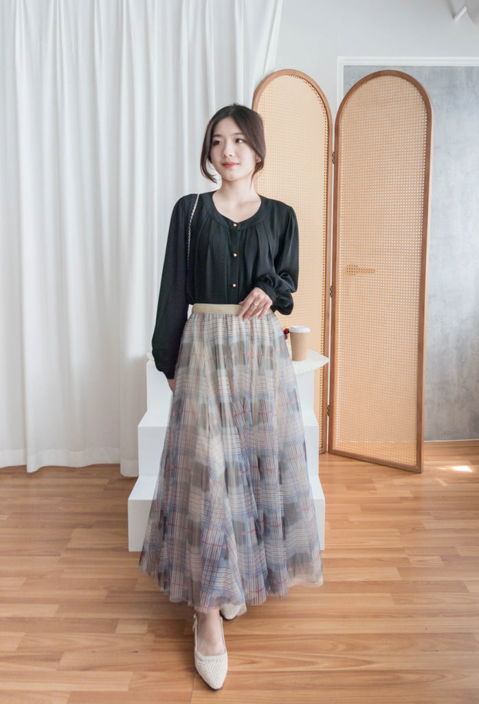 Pleated Collar 車褶圓領圓金鈕雪紡上衣, Blouse/ BU8973