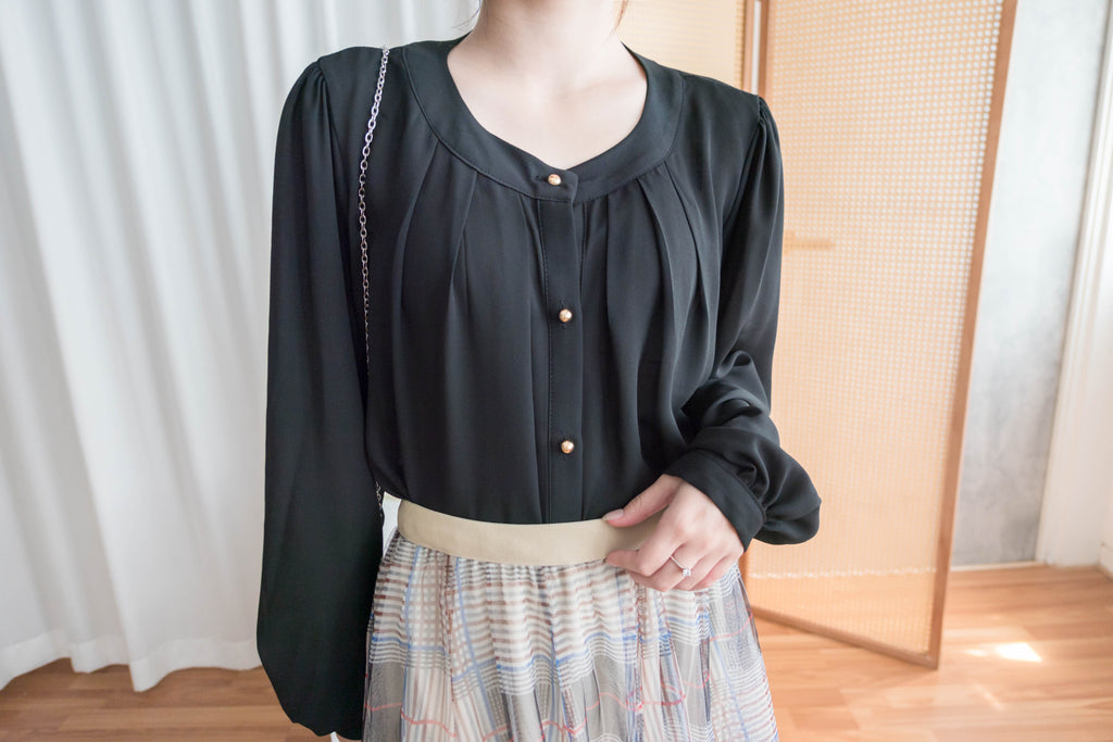 Pleated Collar 車褶圓領圓金鈕雪紡上衣, Blouse/ BU8973