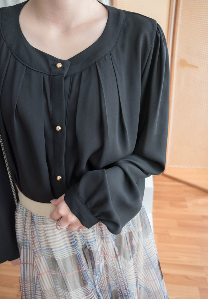 Pleated Collar 車褶圓領圓金鈕雪紡上衣, Blouse/ BU8973