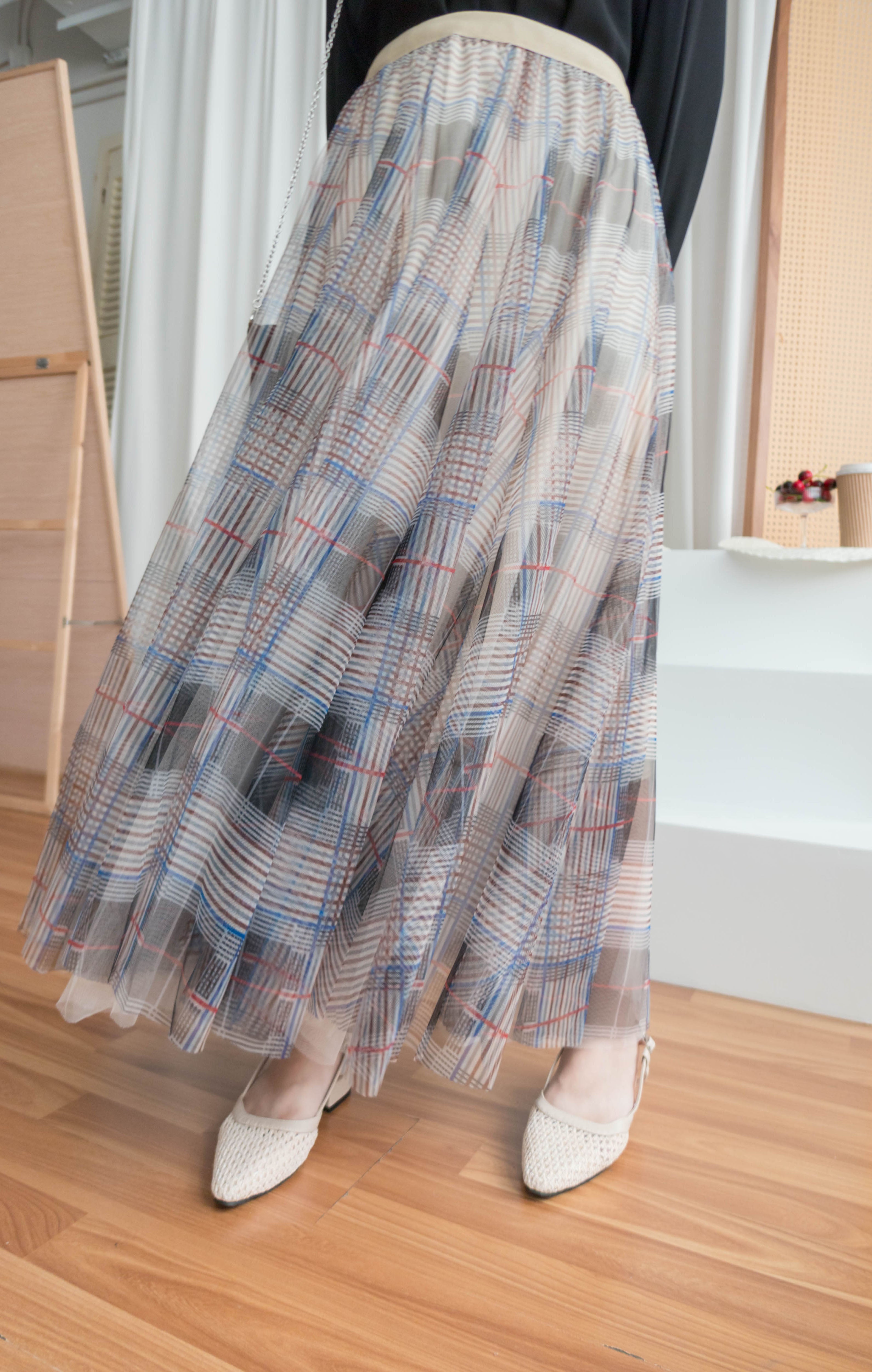 Check Veil 彈性腰多層浪漫大裙擺格子紗裙, Skirt/ SK8746