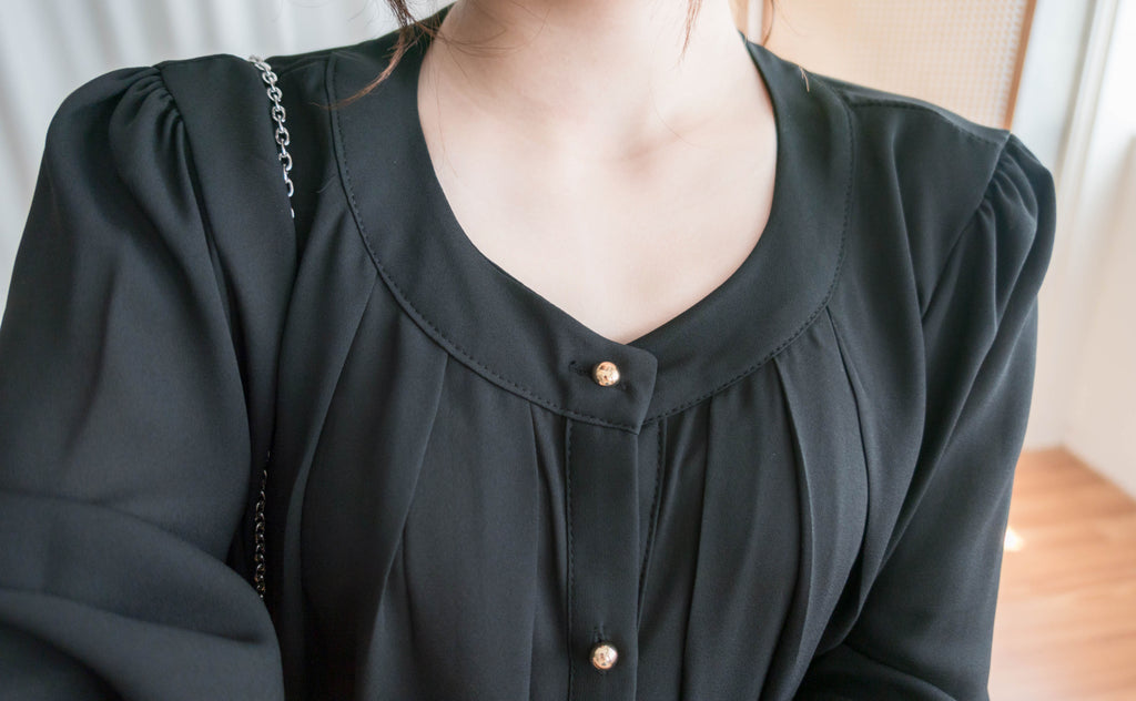 Pleated Collar 車褶圓領圓金鈕雪紡上衣, Blouse/ BU8973