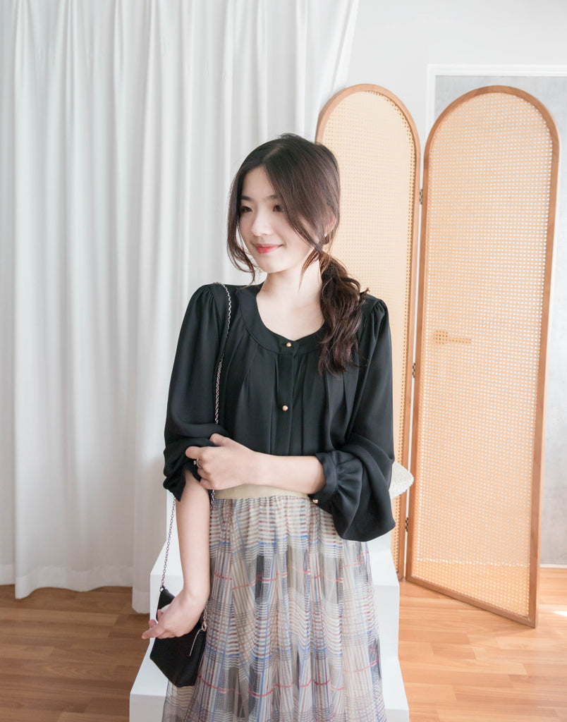 Pleated Collar 車褶圓領圓金鈕雪紡上衣, Blouse/ BU8973