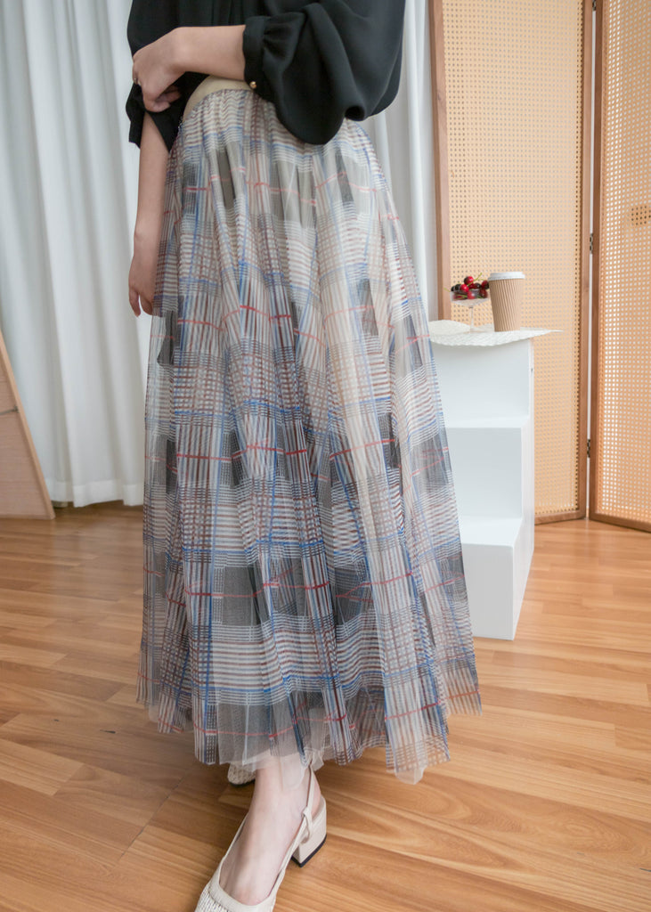Check Veil 彈性腰多層浪漫大裙擺格子紗裙, Skirt/ SK8746