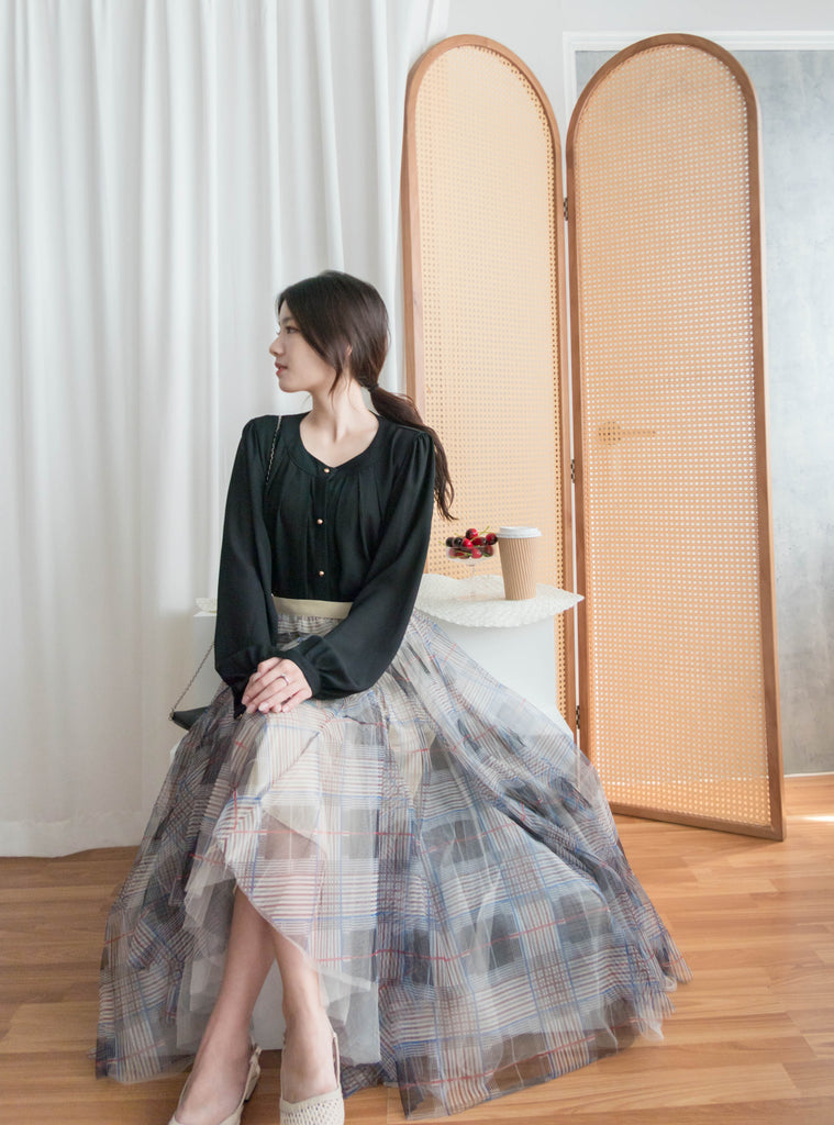 Pleated Collar 車褶圓領圓金鈕雪紡上衣, Blouse/ BU8973
