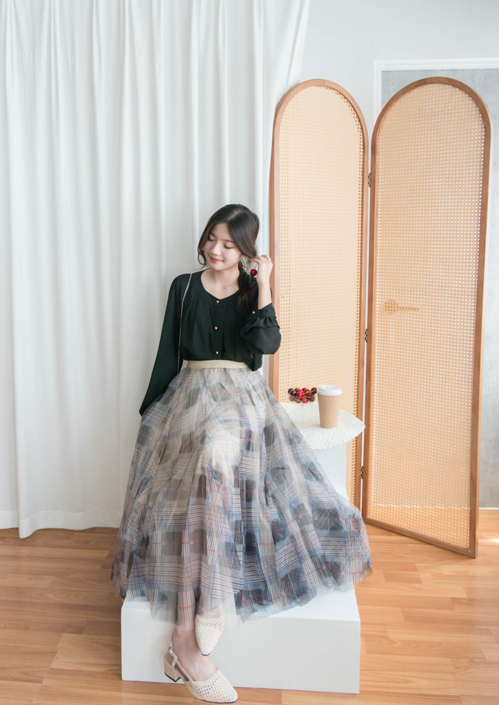 Pleated Collar 車褶圓領圓金鈕雪紡上衣, Blouse/ BU8973