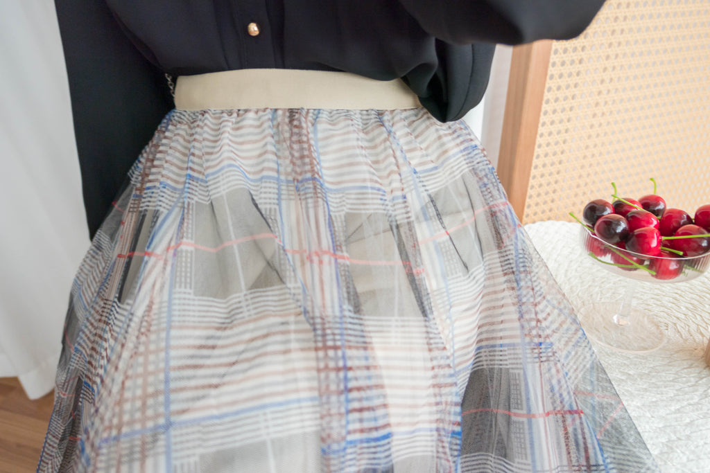 Check Veil 彈性腰多層浪漫大裙擺格子紗裙, Skirt/ SK8746