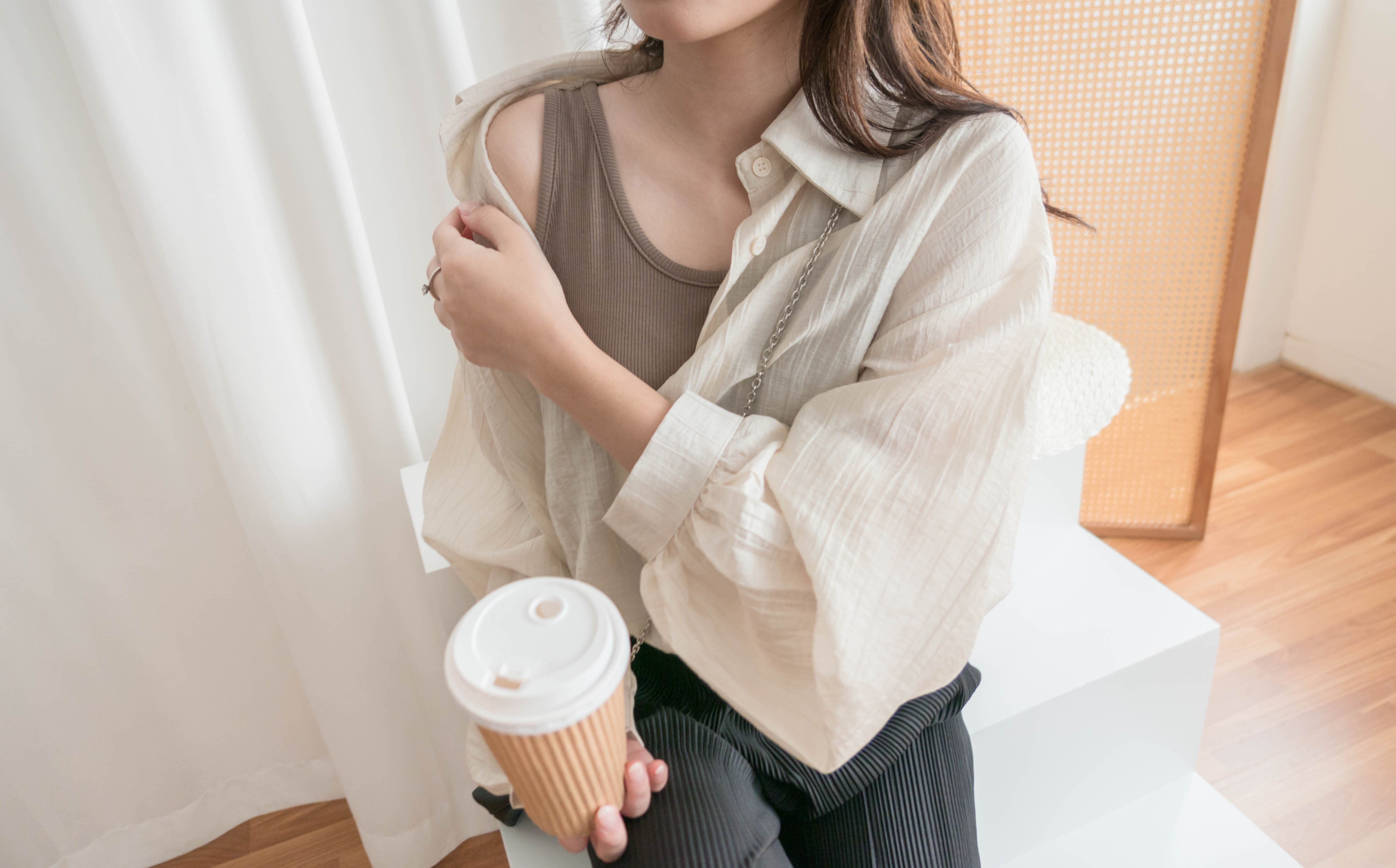 Vest Shirt 假兩件可露肩泡泡恤衫連背心, Shirt/ TP8905