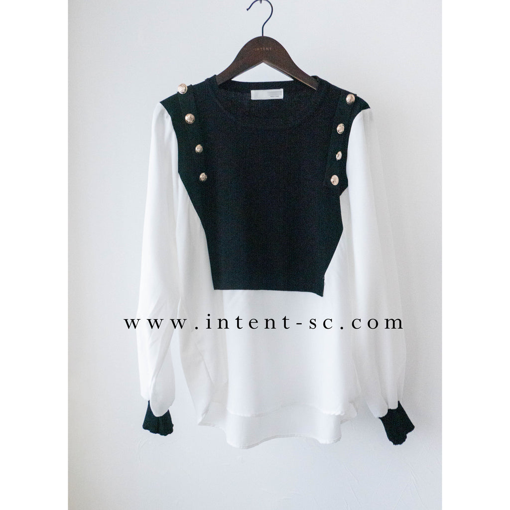 Knit Shirt 黑色金鈕針織拼雪紡, Blouse/ TP8904