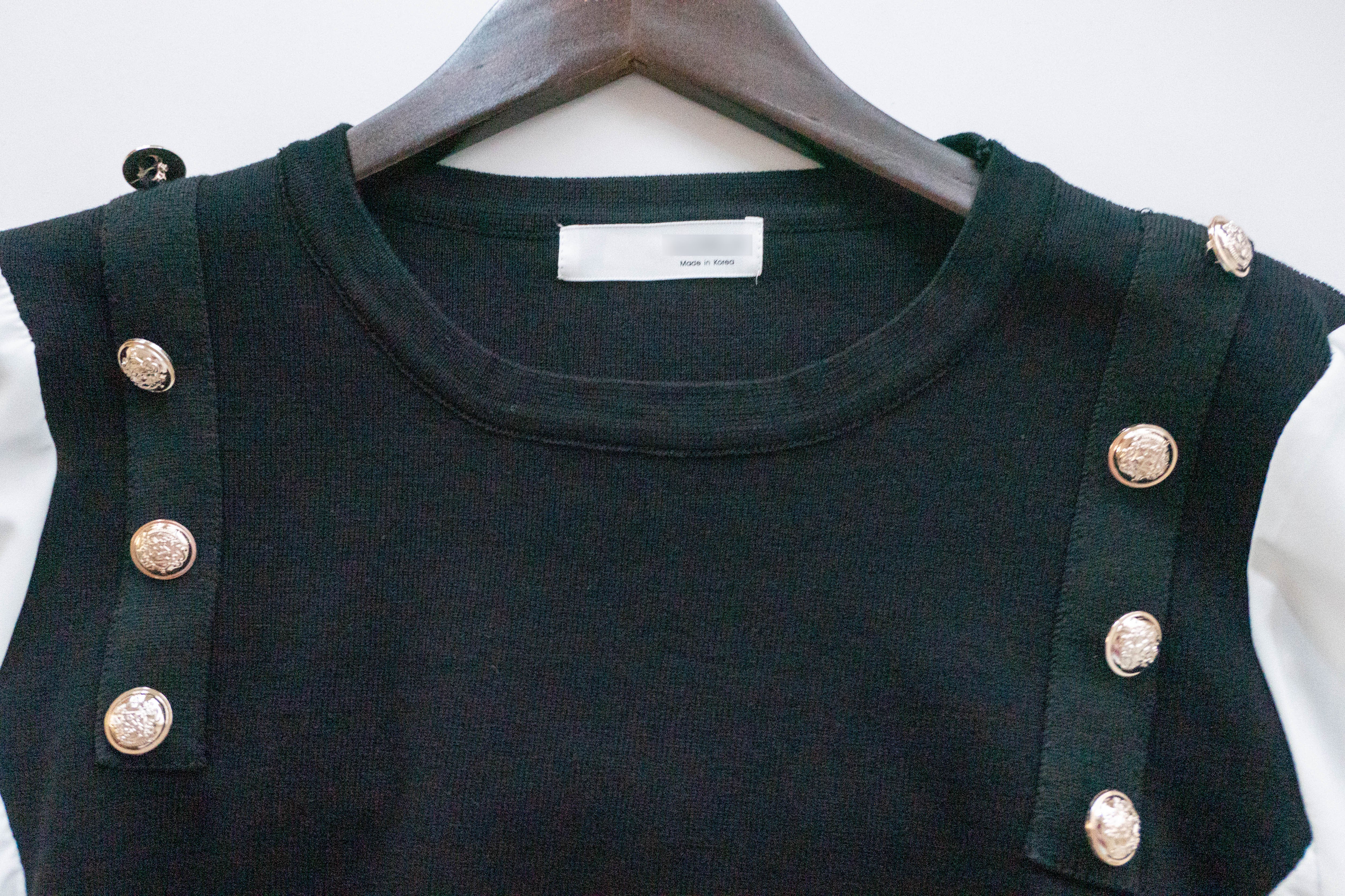 Knit Shirt 黑色金鈕針織拼雪紡, Blouse/ TP8904