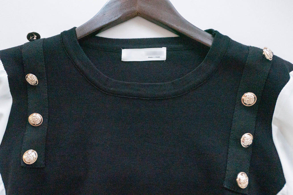 Knit Shirt 黑色金鈕針織拼雪紡, Blouse/ TP8904