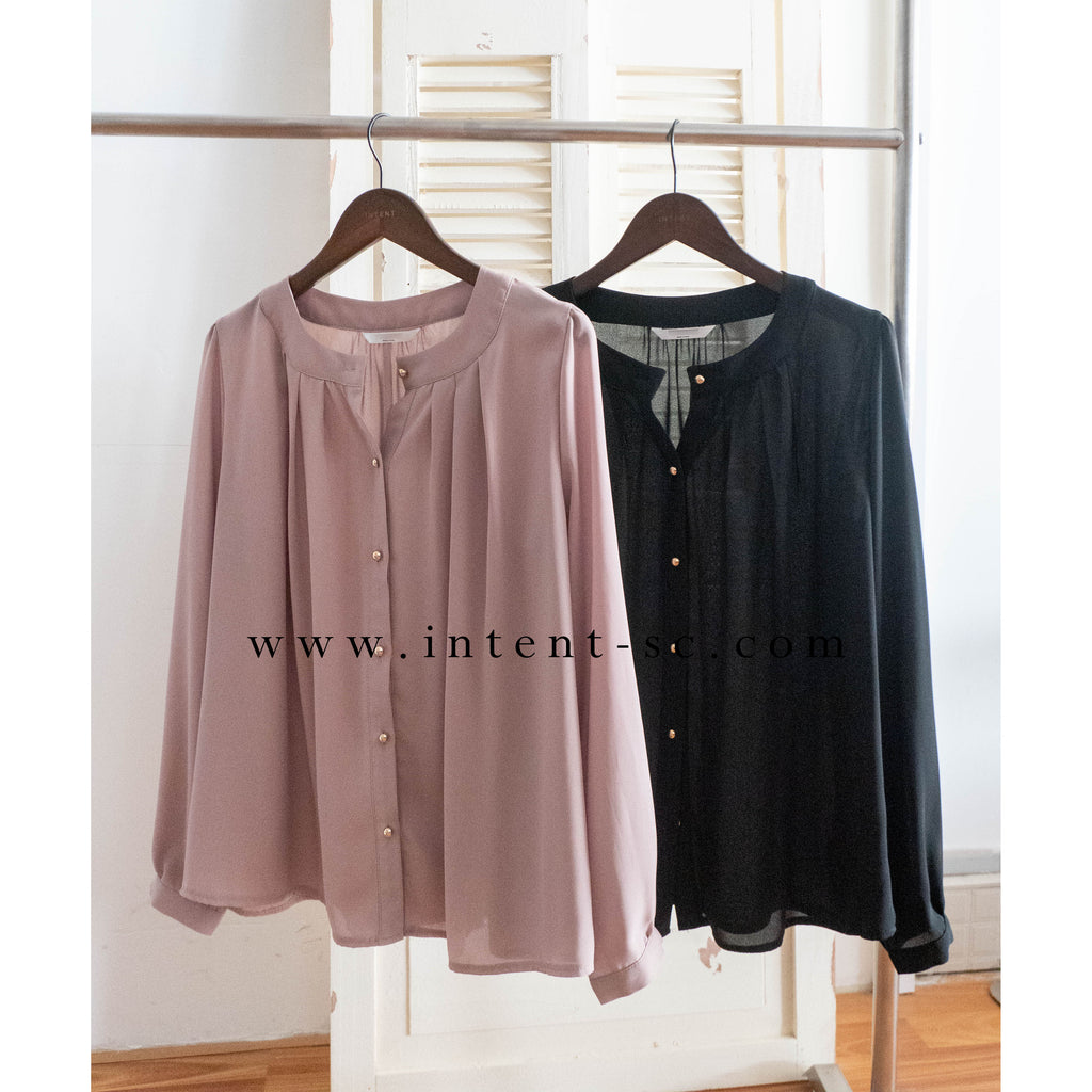 Pleated Collar 車褶圓領圓金鈕雪紡上衣, Blouse/ BU8973