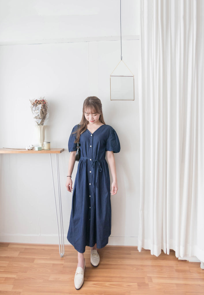 Denim Ribbon 後橡筋蝴蝶腰間車皺牛仔裙, Dress/ DS9338 (售完即止款)