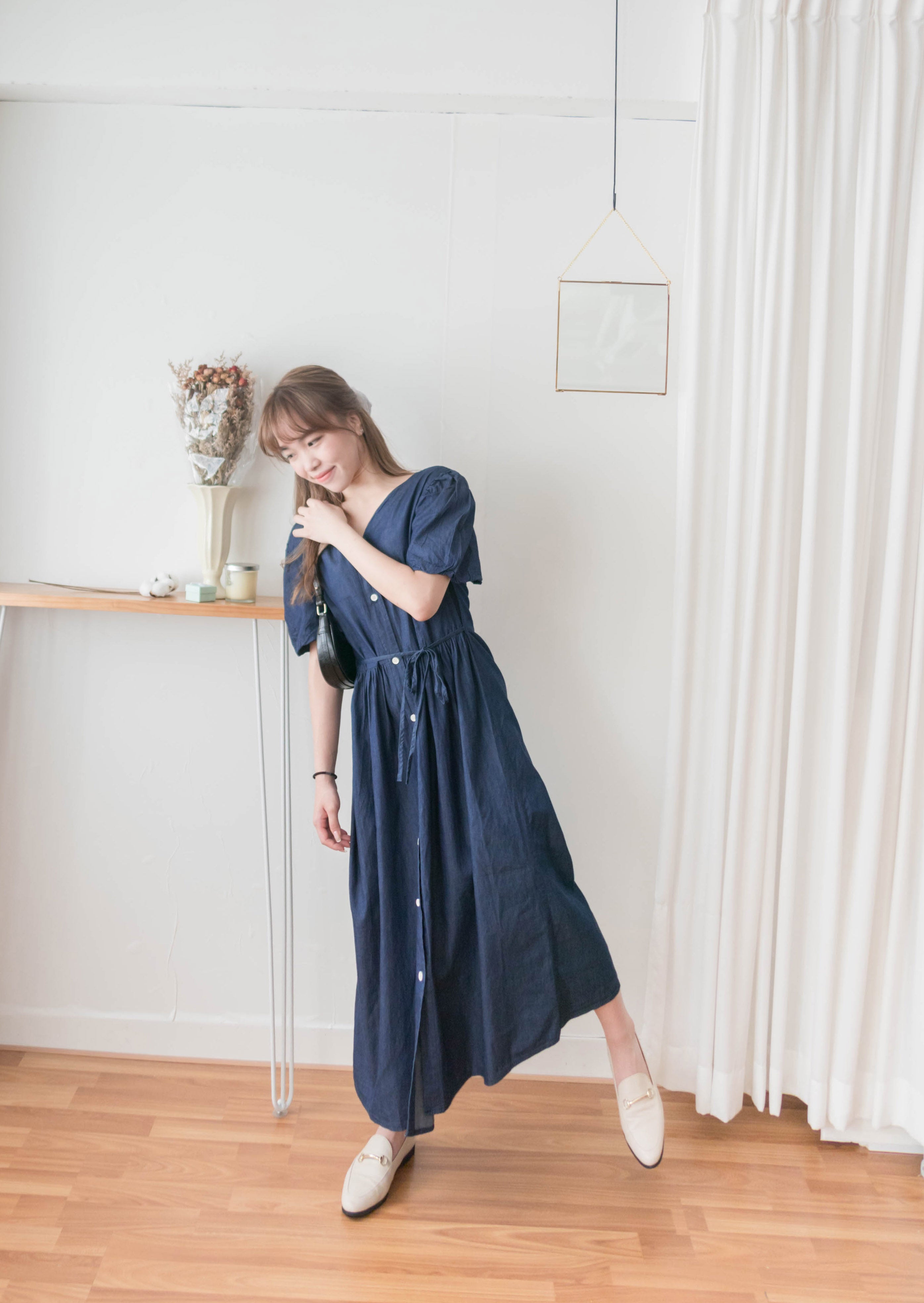 Denim Ribbon 後橡筋蝴蝶腰間車皺牛仔裙, Dress/ DS9338 (售完即止款)