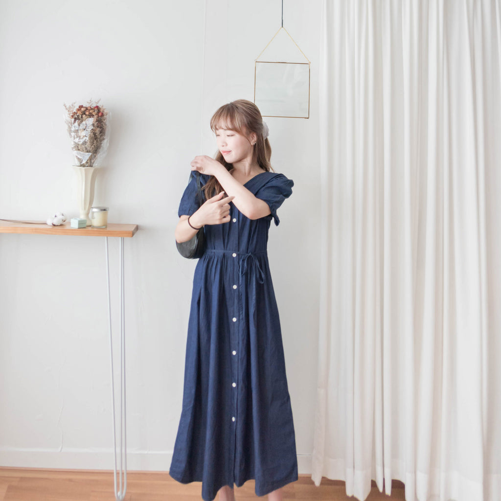 Denim Ribbon 後橡筋蝴蝶腰間車皺牛仔裙, Dress/ DS9338 (售完即止款)